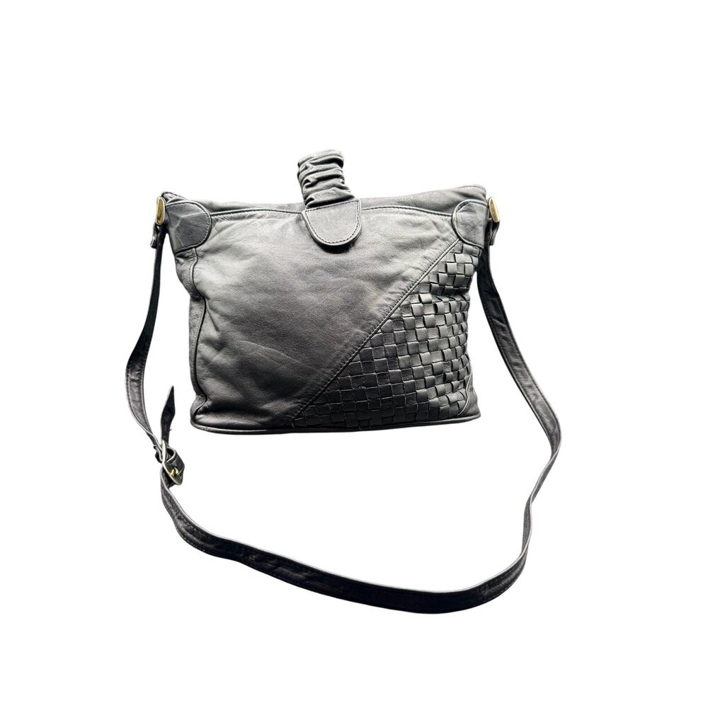 Korea Black Leather Woven Crossbody Bag Slouchy Boho Shoulder Purse